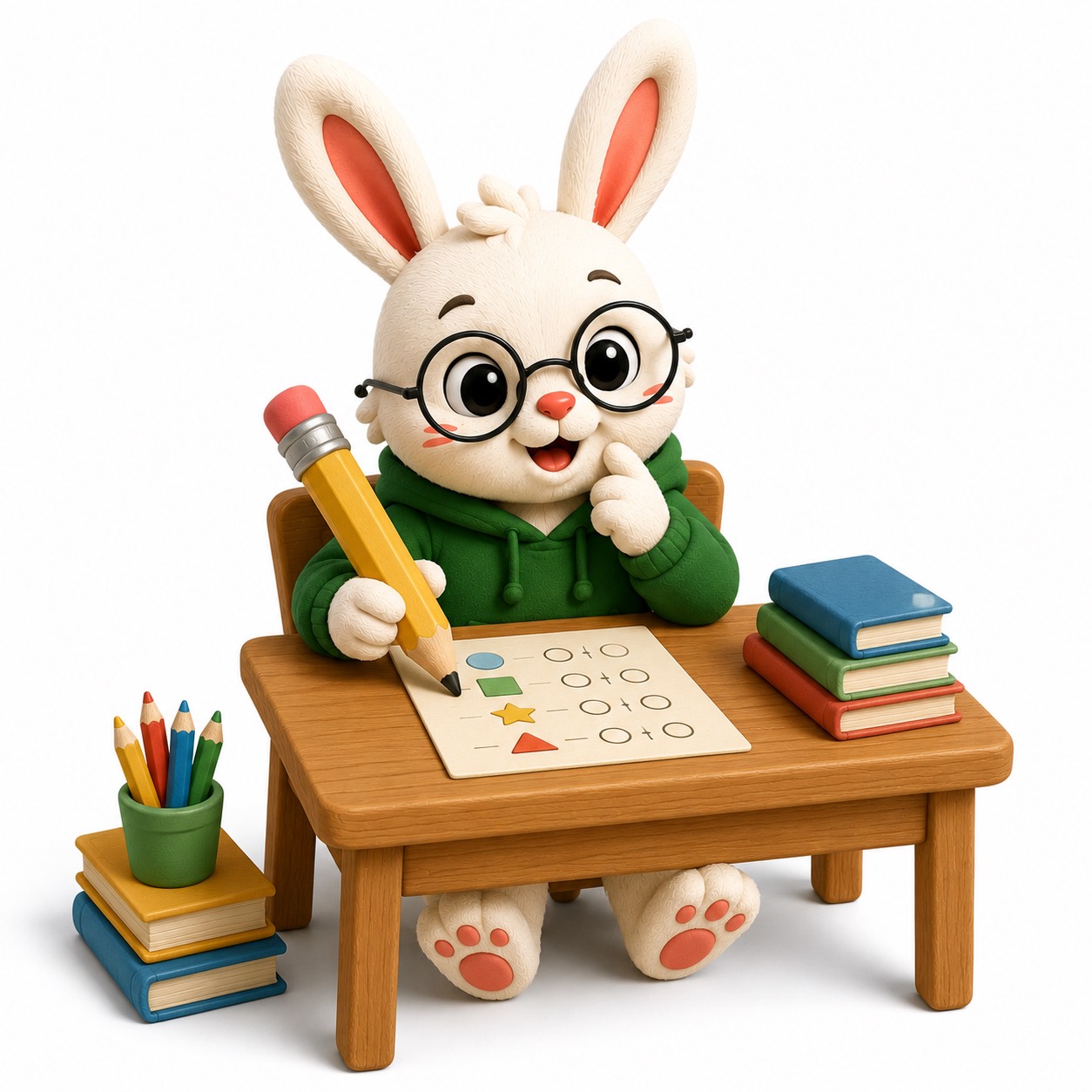 Lumira’s rabbit companion learning at a desk