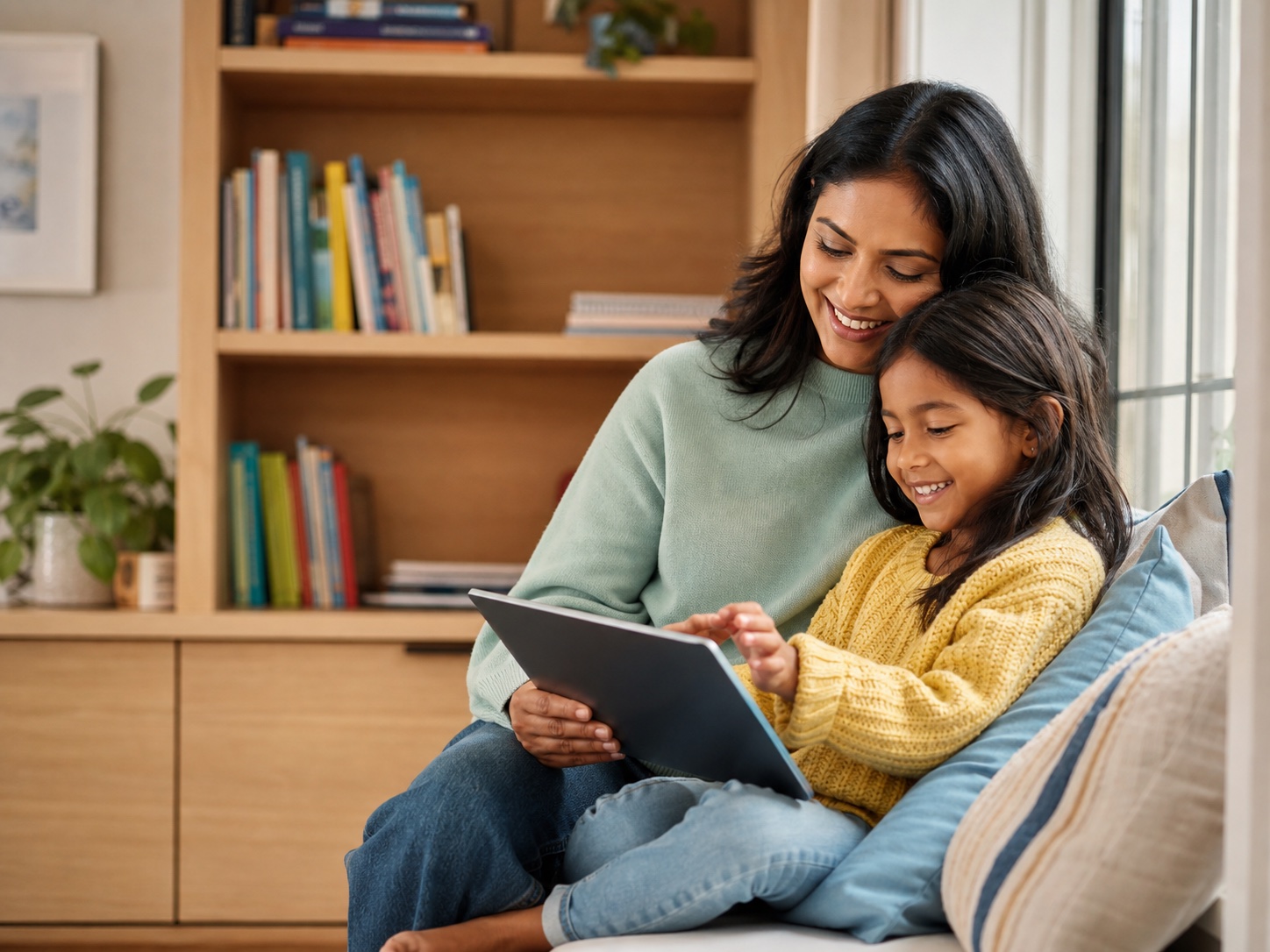 A parent and child sharing a tablet in a reading nook