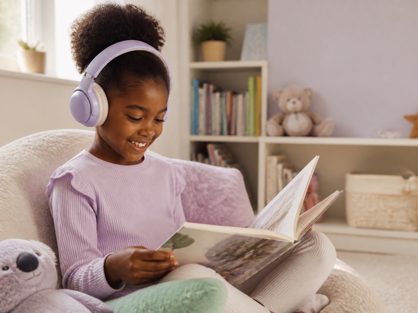 A child enjoying an audio story with headphones and a picture book